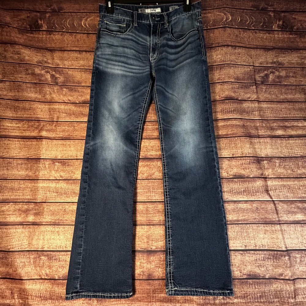 BKE Jake Mens Straight Leg Jeans 32L 32x32 Medium Wash Contrast Stitch Denim